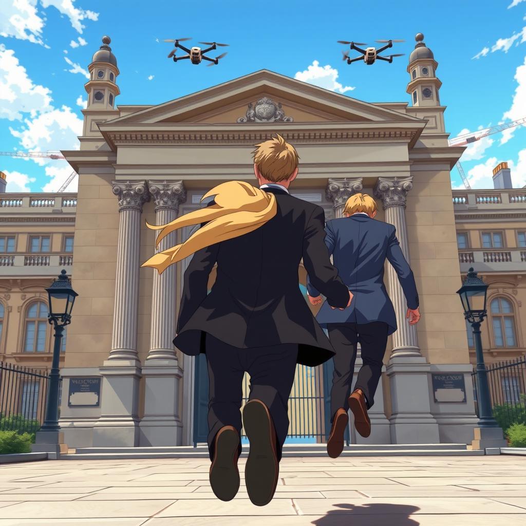 A man and a woman with blond hair running towards a university gate, focused on their back