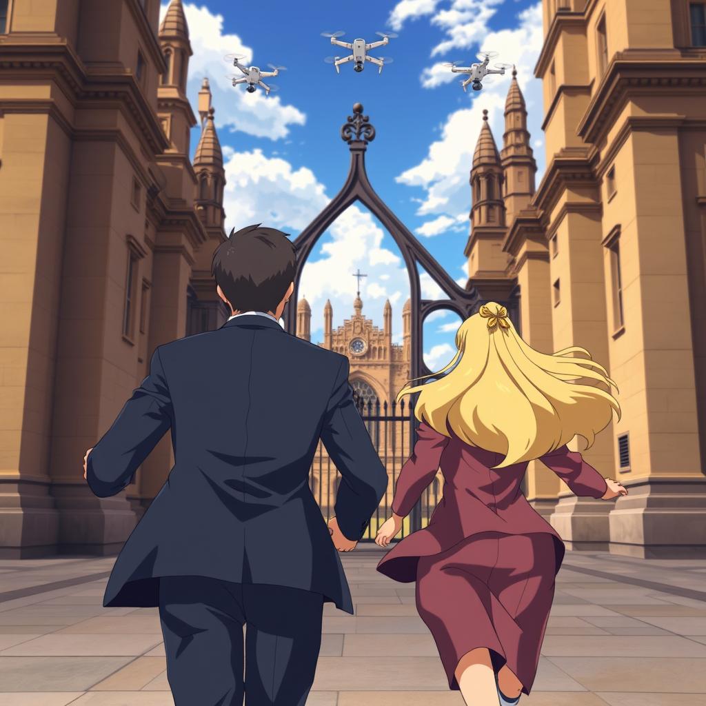 A man and a woman with blond hair running towards a university gate, with focus on their backs