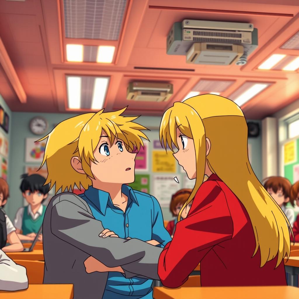 A scene in a vibrant classroom featuring a heated argument between a man and a woman, both with striking blond hair and blue eyes