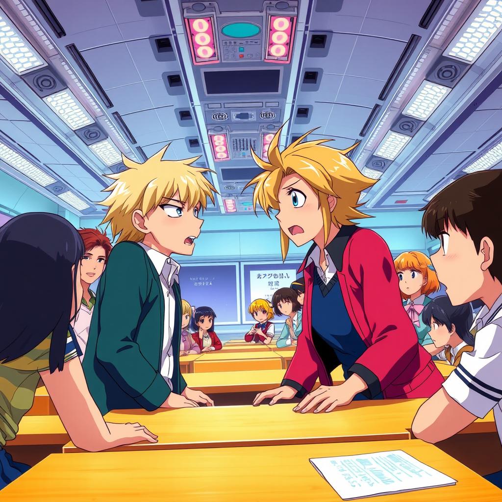 A dynamic scene in a colorful classroom featuring a man and a woman, both with blond hair and captivating blue eyes, engaged in a lively quarrel