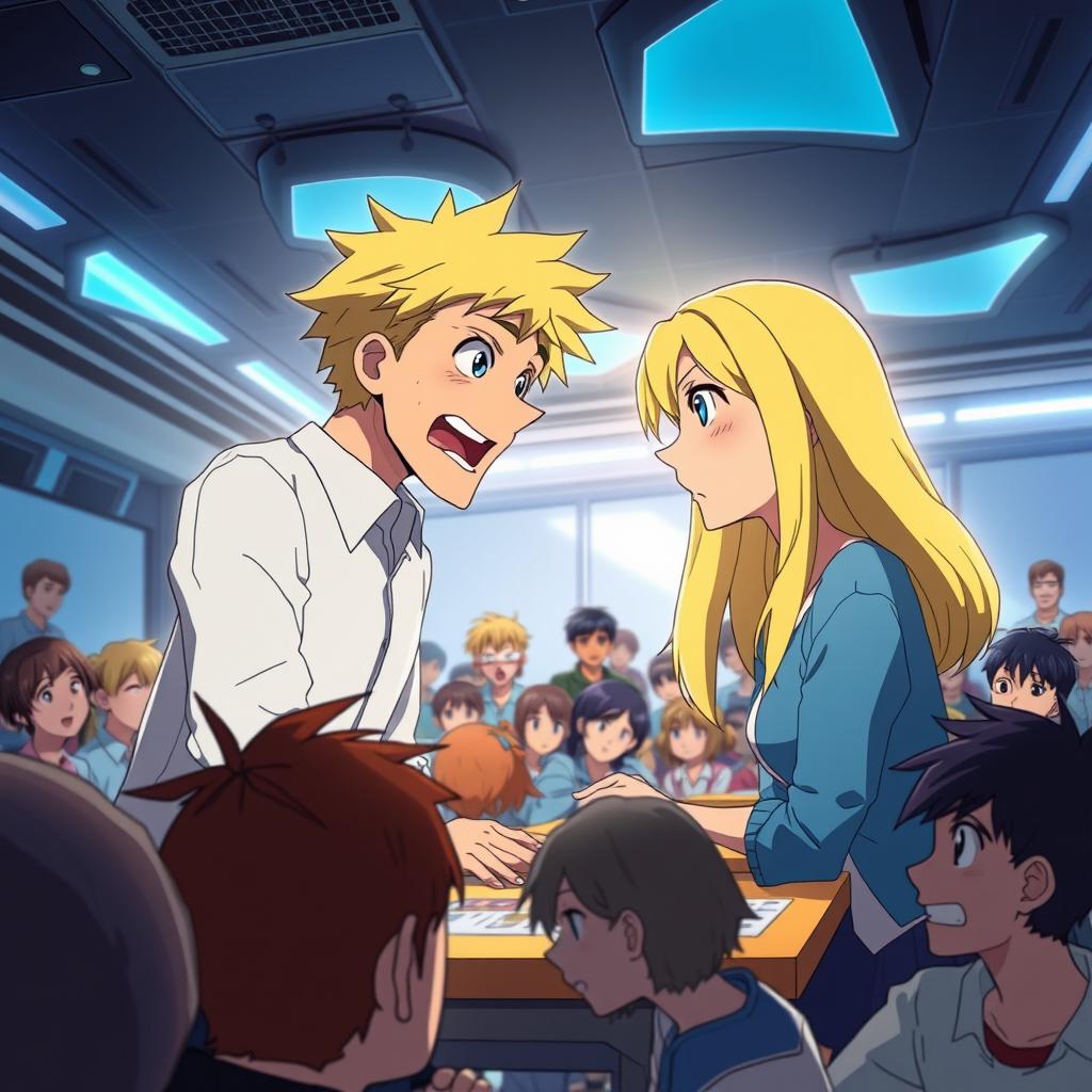 A man with blond hair and blue eyes is animatedly quarreling with a woman who has the same striking blond hair and blue eyes