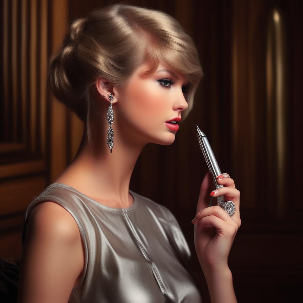 Taylor Swift holding a elegant, silver pen in a casual pose