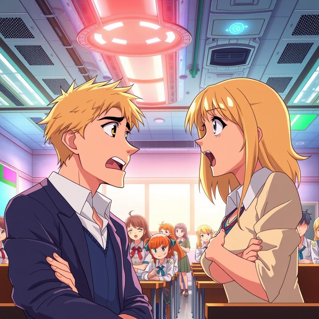A scene in a classroom where a man and a woman, both in their 20s with blond hair and striking blue eyes, are engaged in a lively quarrel