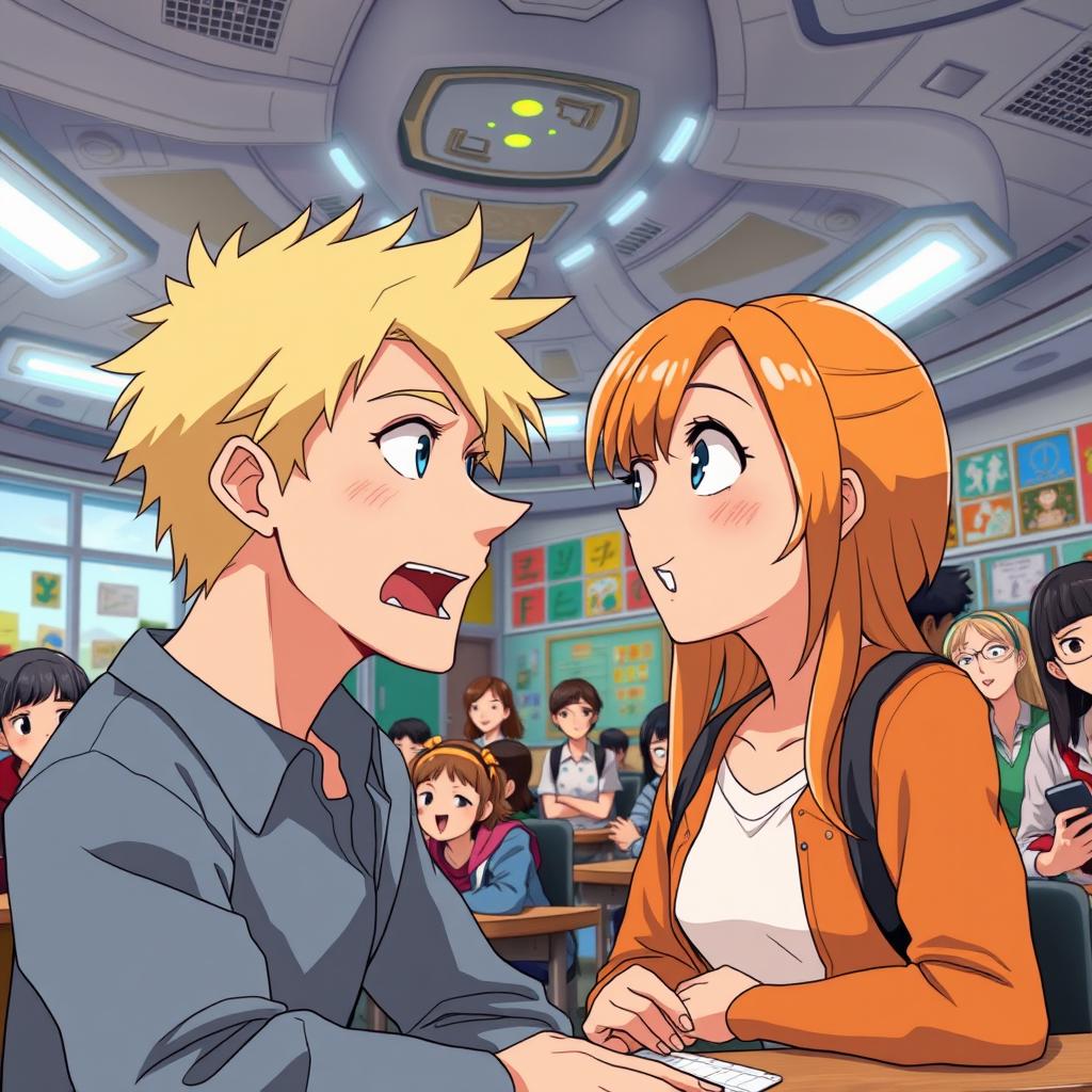 A man with striking blond hair and bright blue eyes is engaged in a heated quarrel with a woman who shares his blond hair and blue eyes
