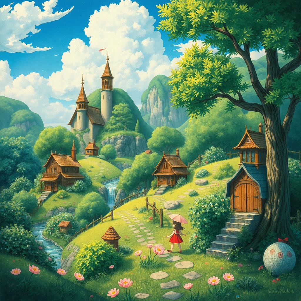 A scenic landscape painting in the style of Studio Ghibli, capturing the enchanting and whimsical elements characteristic of their animation