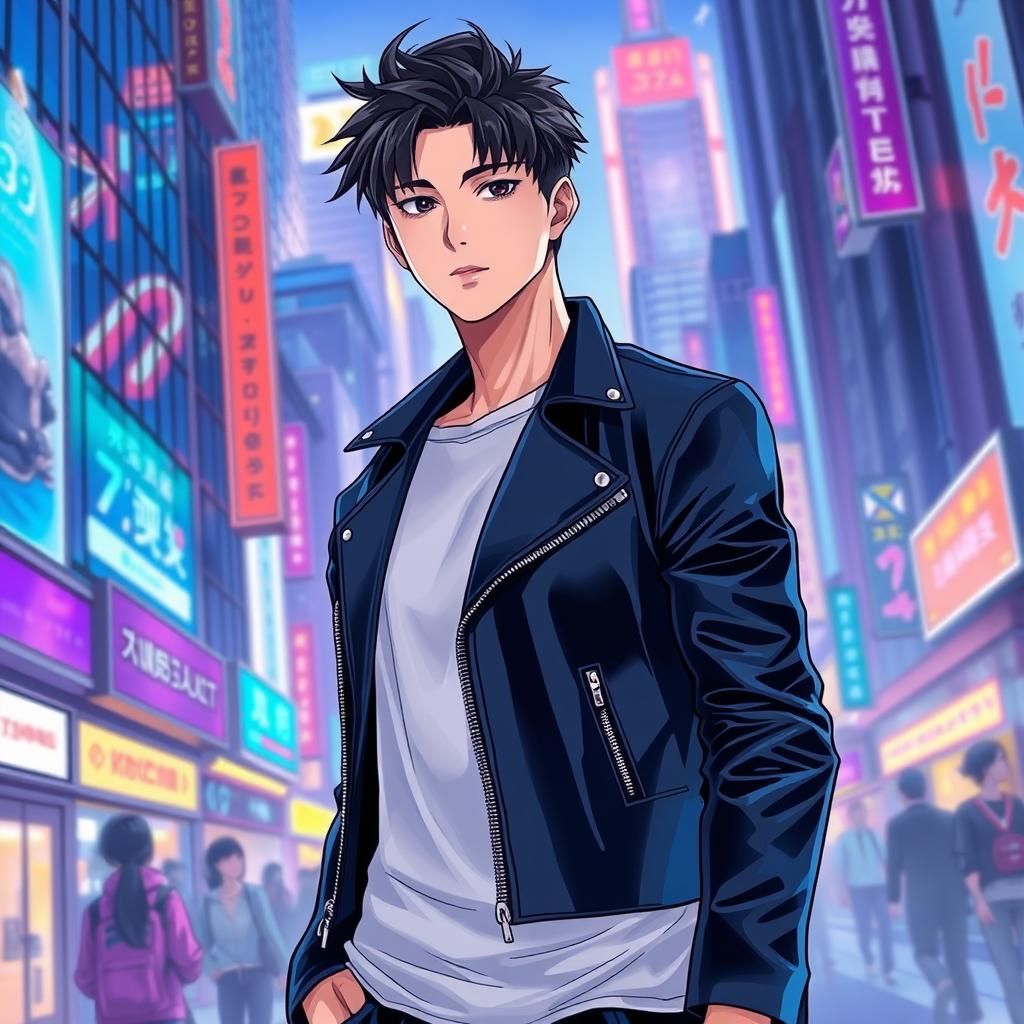 A stunning Korean manhwa-style illustration of a young male character with sharp features, jet-black hair styled in a modern cut, wearing a sleek black leather jacket over a simple white t-shirt