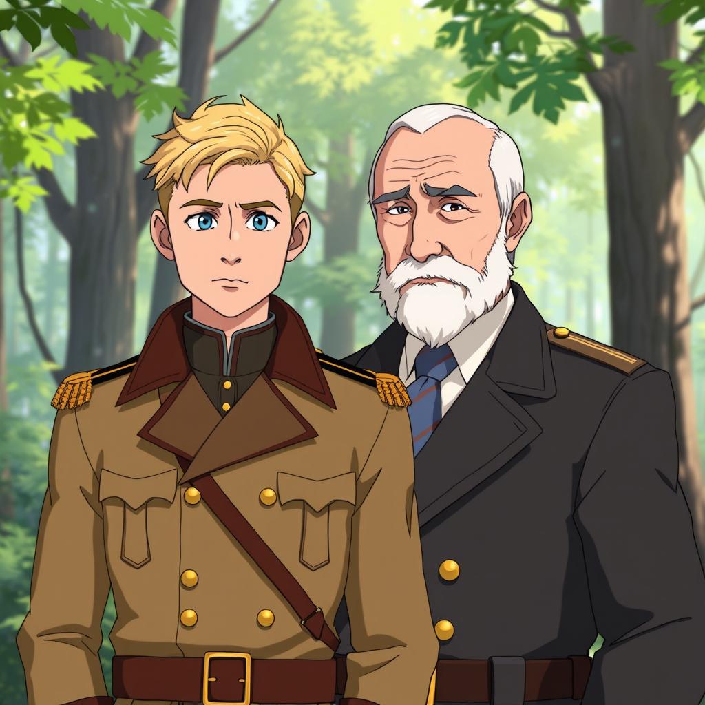 A young man in his 20s with blond hair and piercing blue eyes, dressed in a detailed, vintage military uniform, stands confidently beside his father, a distinguished elderly man with a strong resemblance to Putin in his 60s, featuring a similar hairstyle and imposing demeanor