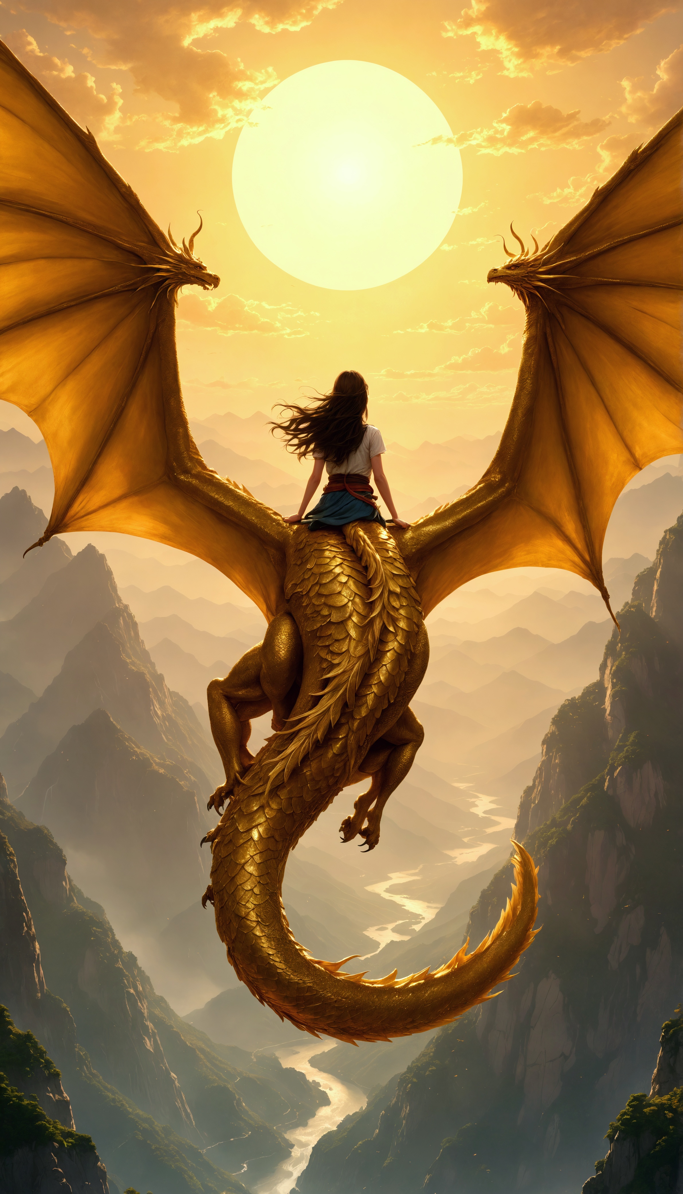 Soaring Adventures: A Young Woman and Her Golden Dragon