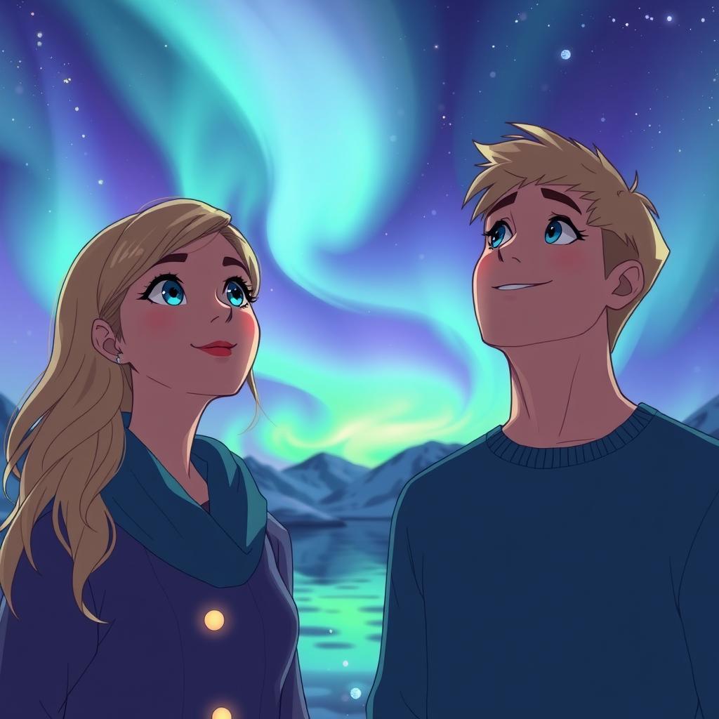 A man in his 20s with blond hair and striking blue eyes stands beside a woman in her 20s, also with gorgeous blond hair and sparkling blue eyes