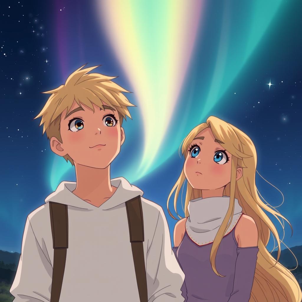 A young man in his 20s with short blond hair and striking blue eyes stands beside a young woman of similar age, also with long flowing blond hair and captivating blue eyes