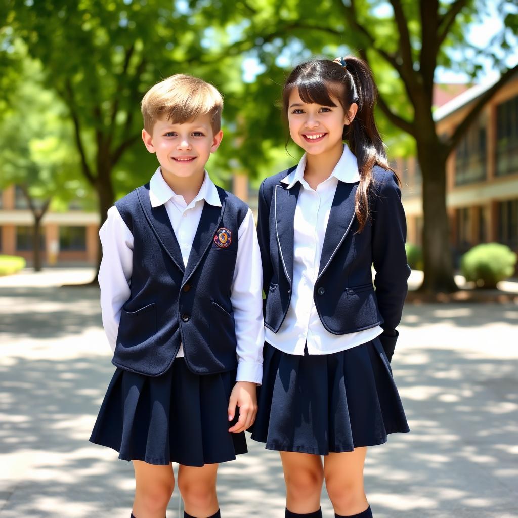 A boy and girl wearing matching school uniform skirts