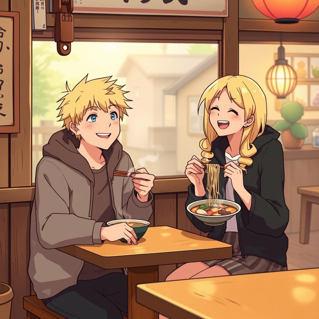 A young man in his 20s with blond hair and blue eyes sitting at a small wooden table, happily enjoying a steaming bowl of ramen