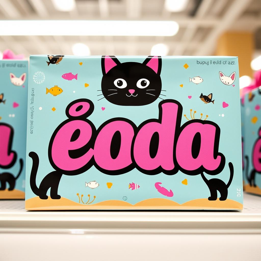 A humorous and colorful cat food packaging featuring the phrase 'И еда' elegantly displayed with an eye-catching design