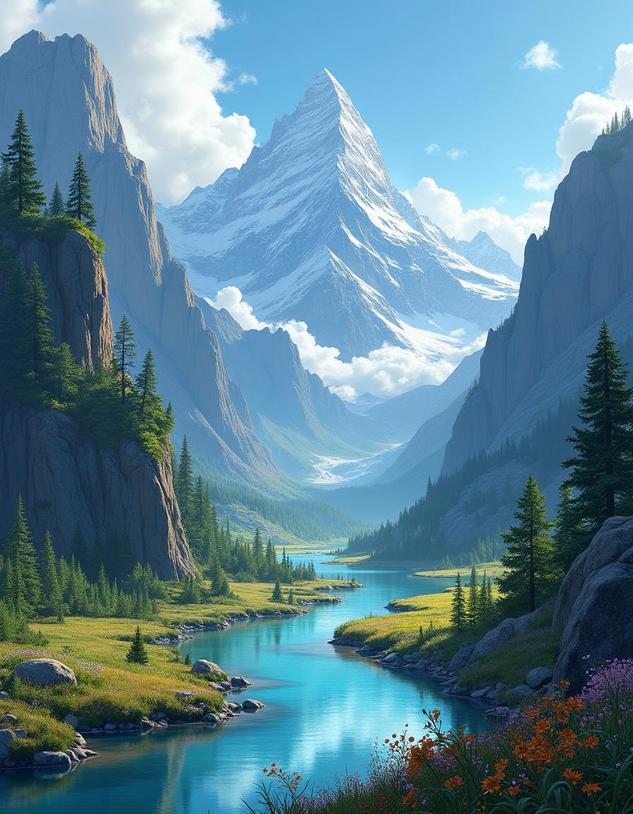 A stunning fantasy landscape surrounded by majestic mountains, designed as a hand-drawn illustration ideal for a book cover