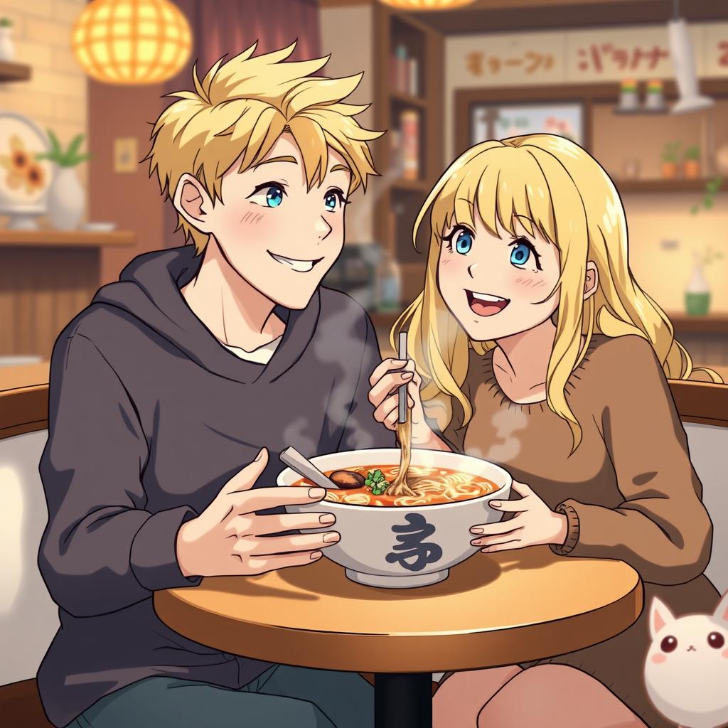 A young man in his 20s with blond hair and blue eyes sitting at a cozy table, beside him a young woman also in her 20s with blond hair and blue eyes
