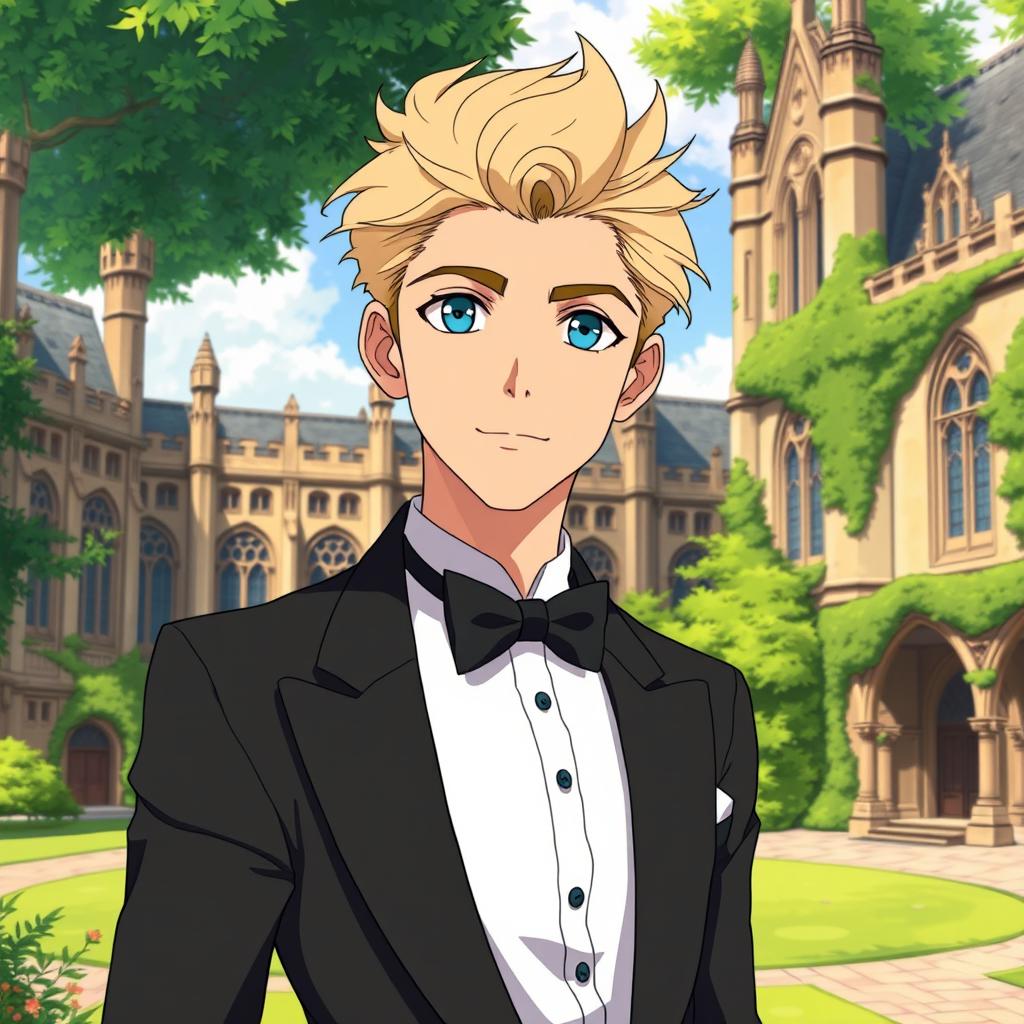 A young man in his 20s with stylish blond hair and striking blue eyes, dressed elegantly in a classic tuxedo suit