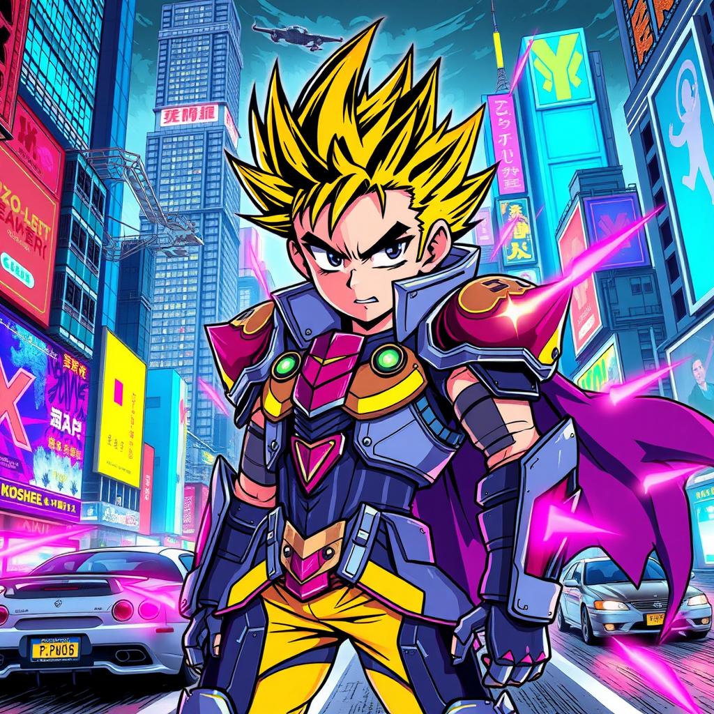 A vibrant and dynamic manga-style illustration featuring a heroic character with spiky hair, wearing futuristic armor, standing confidently in a bustling cyberpunk city