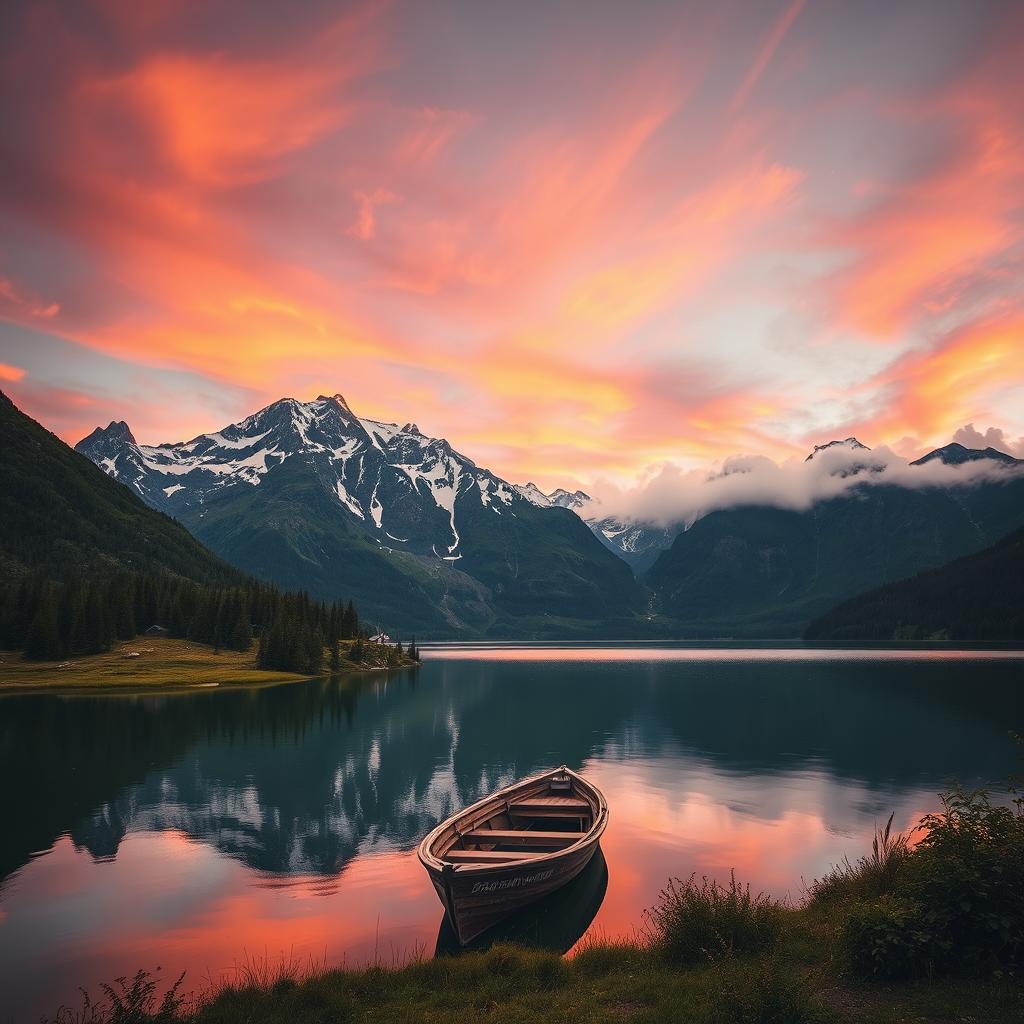 A stunning vertical image of a serene mountain landscape during golden hour, with vibrant orange and pink hues in the sky reflecting off a tranquil lake surrounded by lush greenery