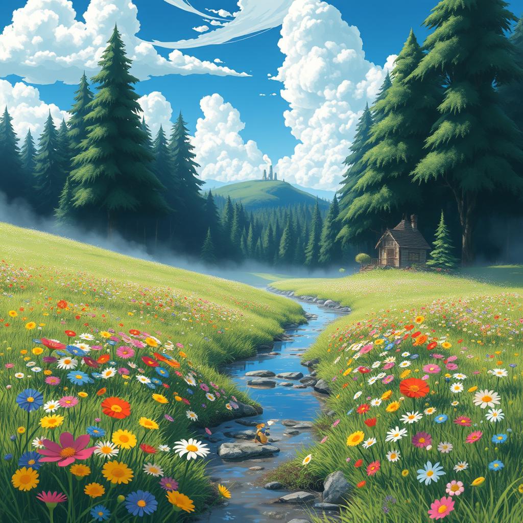A magical landscape inspired by Studio Ghibli, featuring a vibrant and lush meadow filled with various colorful wildflowers