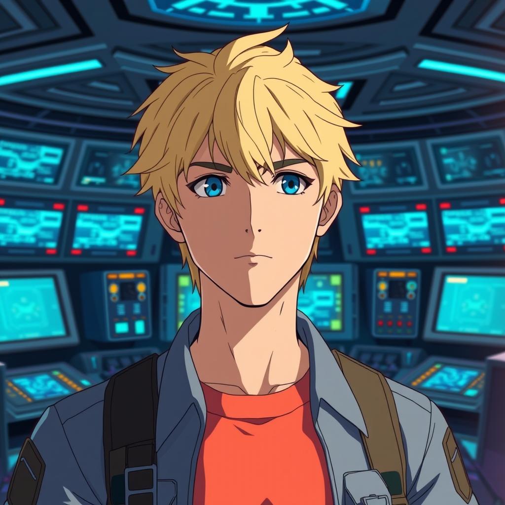 A young man in his 20s with blond hair and striking blue eyes stands confidently in a high-tech military command center