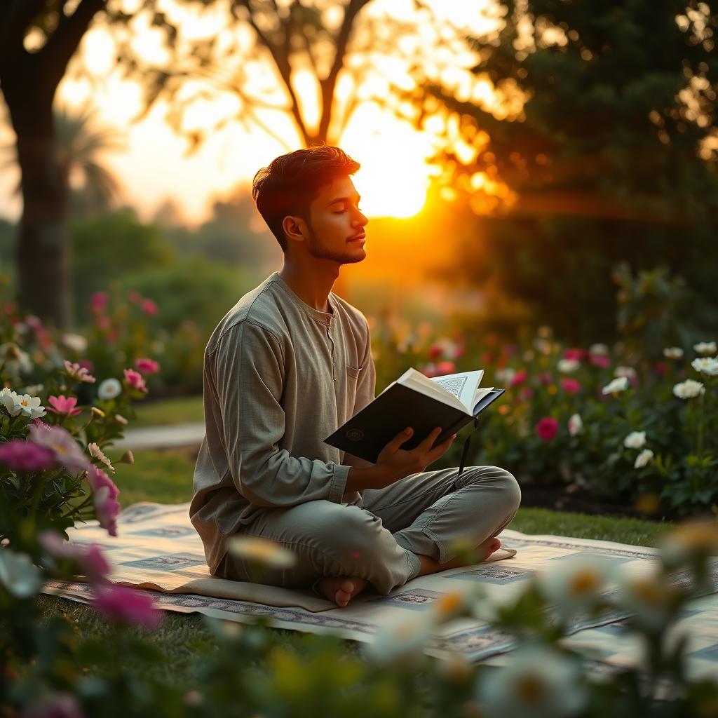 A peaceful, serene setting where a person is quietly listening to the recitation of the Quran, surrounded by a tranquil garden filled with flowers and lush greenery