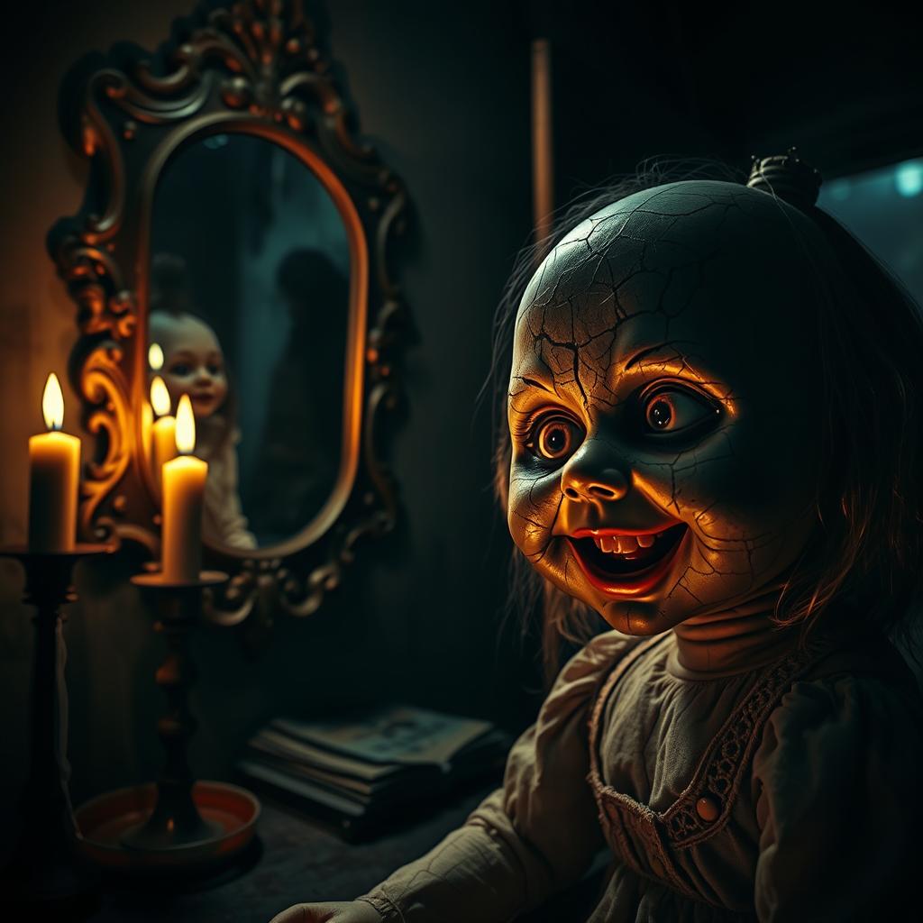A haunting scene from a horror movie titled 'Muñeca FINITA', featuring a creepy doll with uneven, cracked porcelain skin and lifeless eyes
