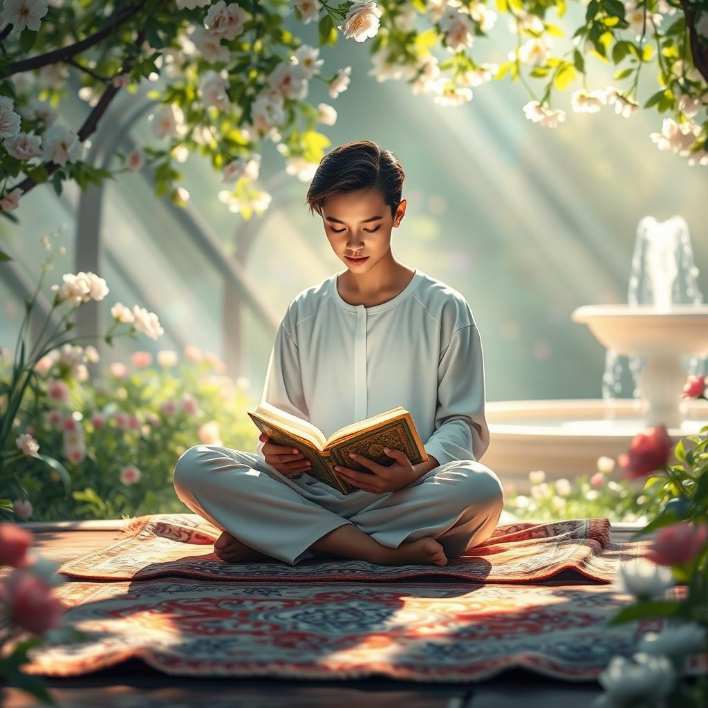 An ethereal and serene scene depicting a person in a peaceful setting, deeply engaged in reading the Quran
