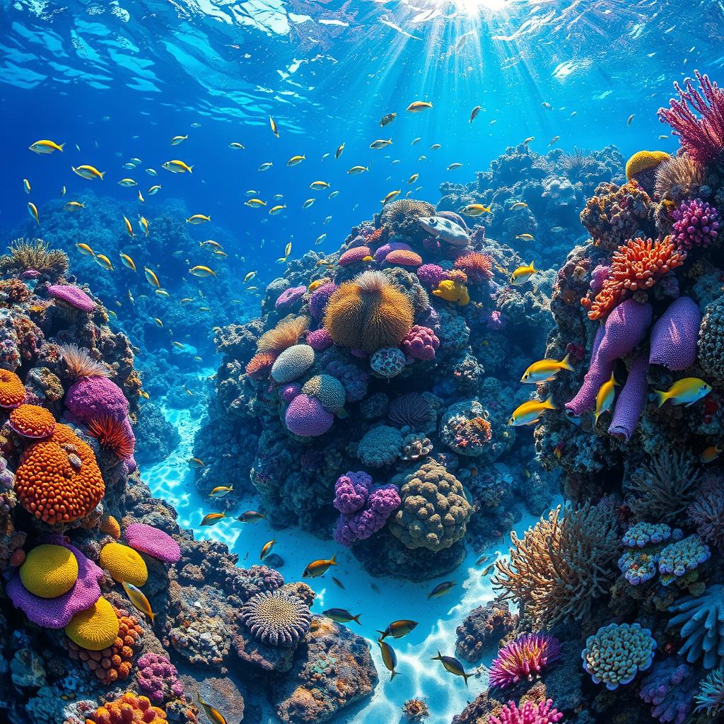 A vibrant underwater coral reef showcasing a diverse array of colorful corals, schools of tropical fish swimming gracefully, and sunlight filtering through the water creating beautiful patterns on the seabed