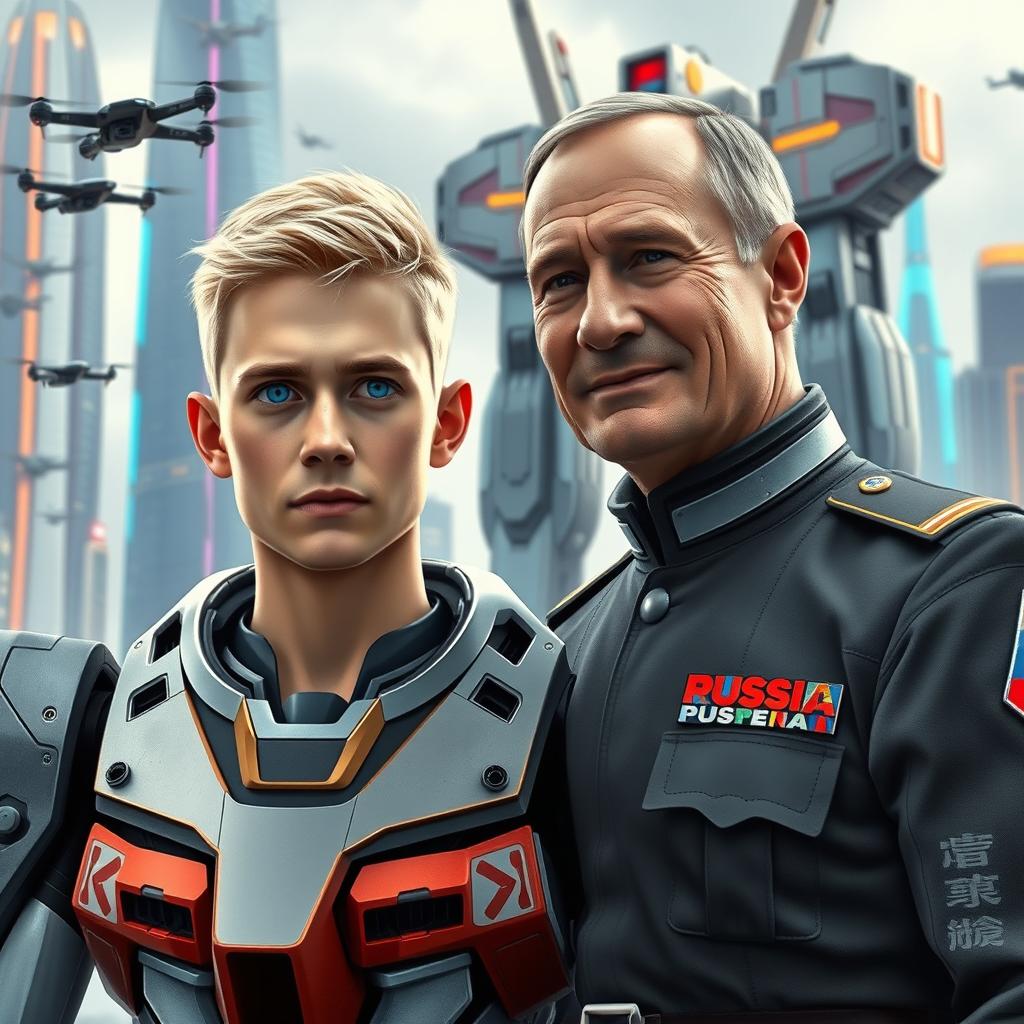 A young man in his 20s with striking blue eyes and short blond hair, wearing a detailed Gundam-inspired exoskeleton that combines sleek metallic lines and vibrant colors