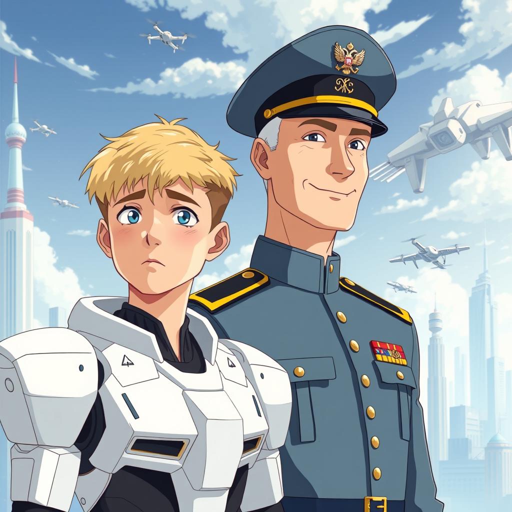 A young man in his 20s with striking blue eyes and short blond hair, wearing a white Gundam-inspired exoskeleton with smooth, elegant lines characteristic of Ghibli Studio anime style