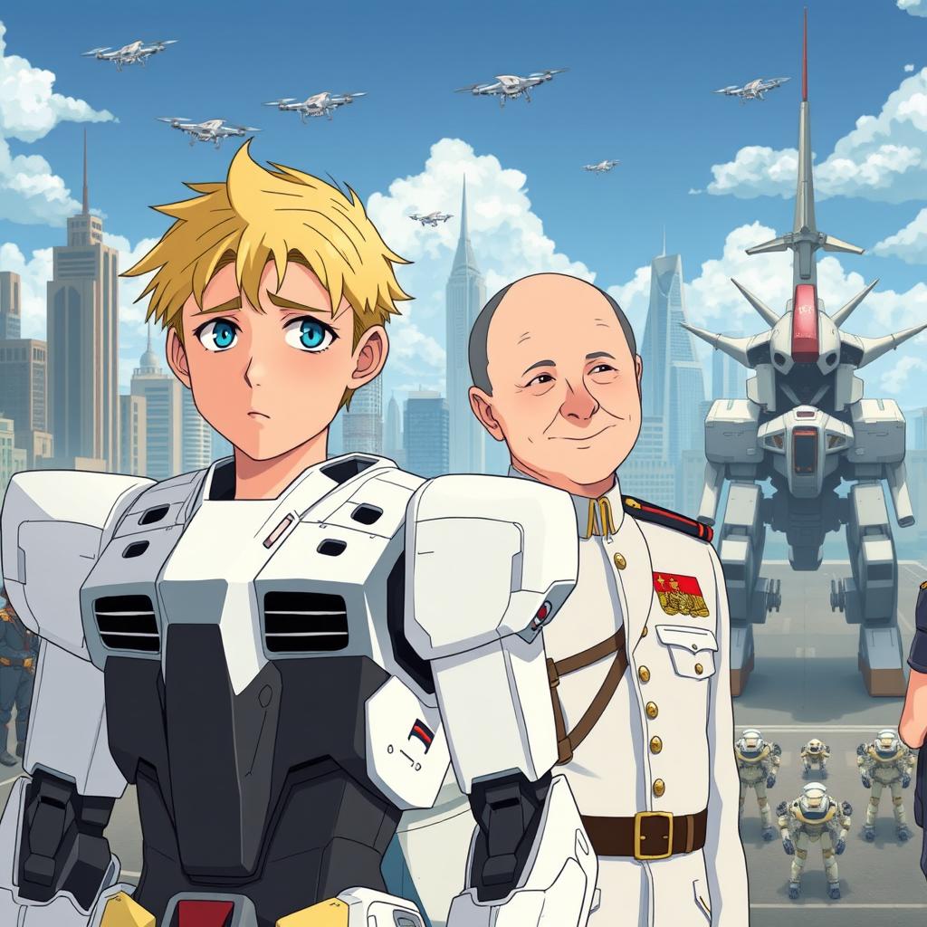 A man with striking blue eyes and blond hair stands wearing a sleek white Gundam-inspired exoskeleton, looking sad and contemplative