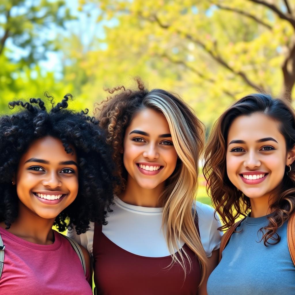 A visually stunning portrait of three friends standing together, with their faces aligned at the same height