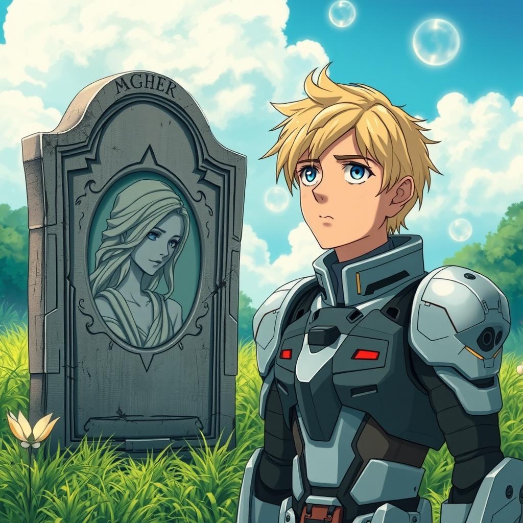 A man with striking blue eyes and tousled blond hair, wearing a futuristic Gundam-inspired exoskeleton suit, stands contemplatively before a weathered tombstone