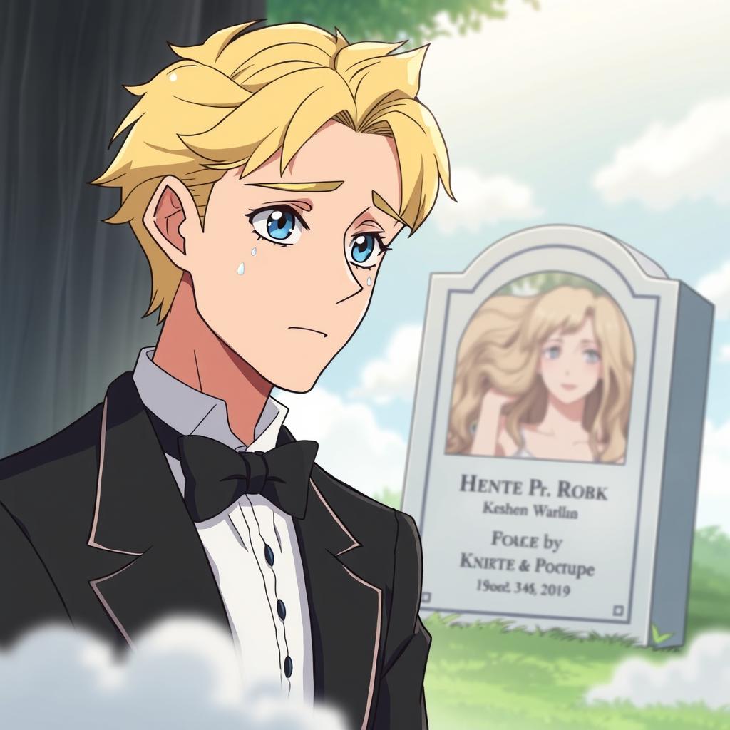 A man with blue eyes and blond hair wearing a formal tuxedo suit, standing in front of a tombstone