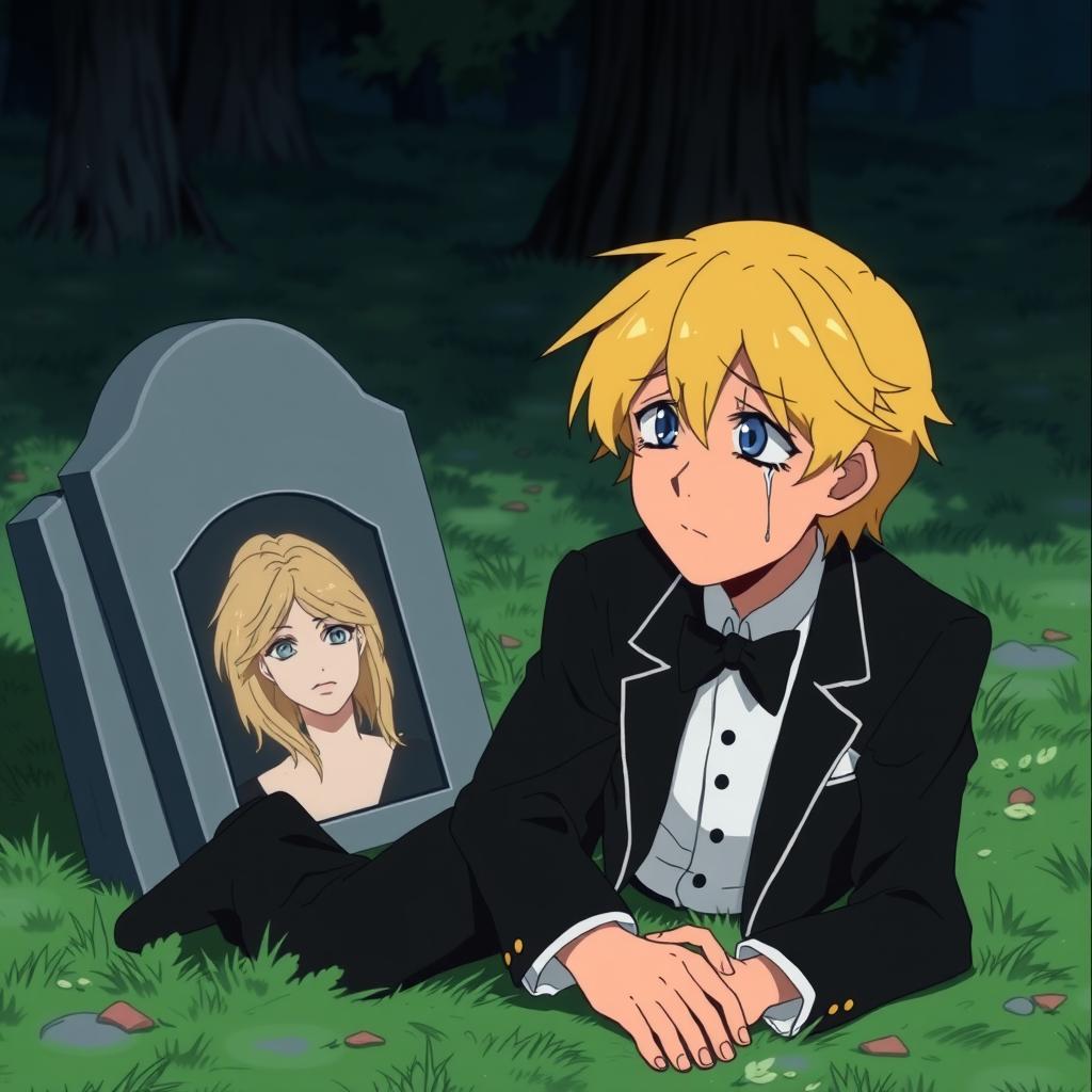 A sad scene of a man with blue eyes and blond hair wearing a tuxedo suit, kneeling in front of a tombstone