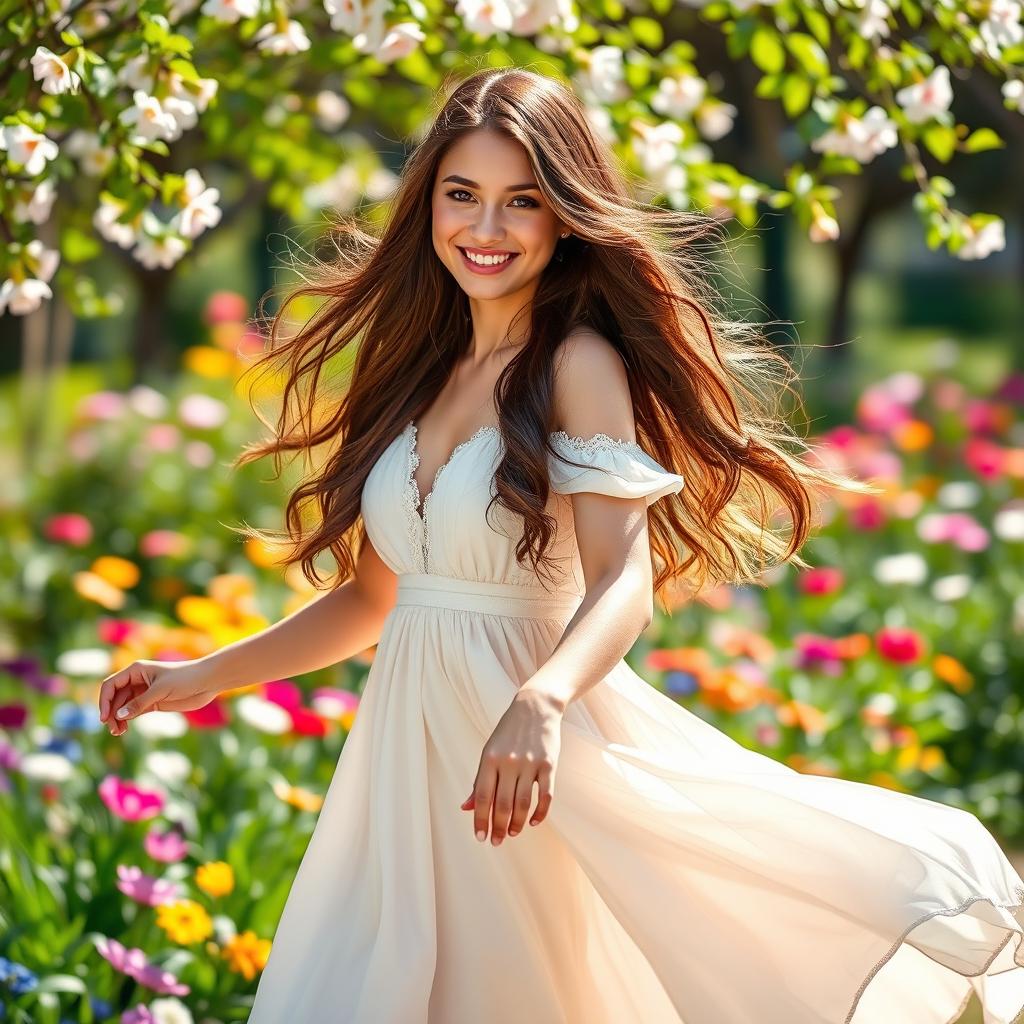 A beautiful young woman with long flowing hair, wearing a graceful dress that dances around her legs