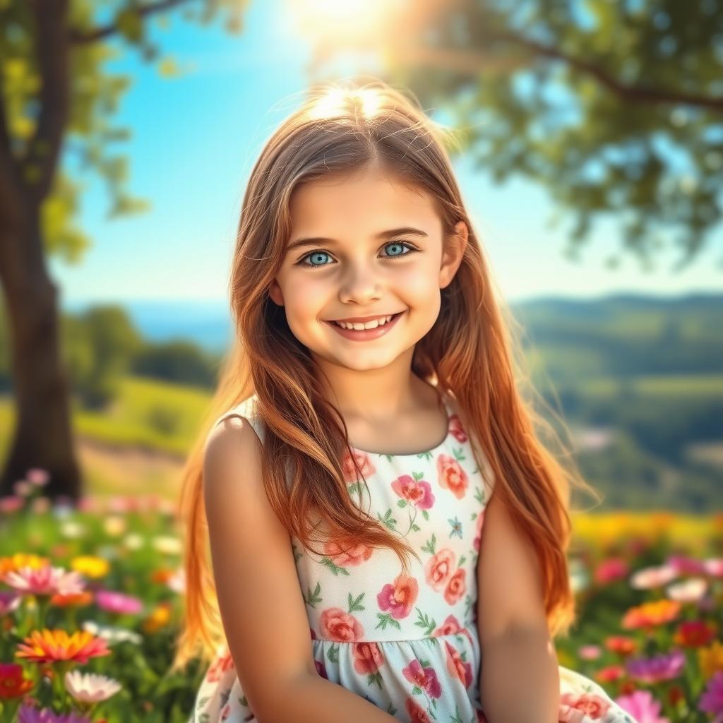 A portrait of a young girl with an enchanting smile, wearing a beautiful floral dress under the warm sunlight