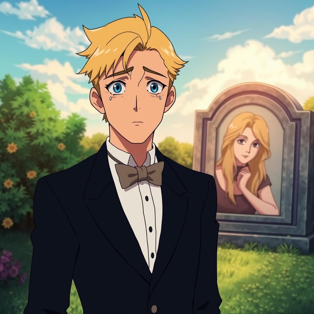 A heart-wrenching scene in a Studio Ghibli anime style featuring a man with piercing blue eyes and blond hair, dressed in a classic tuxedo suit