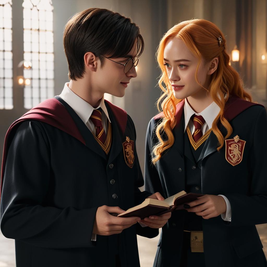 troque o uniforme da menina para o da lufa-lufa e adicione o draco malfoy no lado esquerdo vestido com o uniforme da sonserino os olhando com um sorriso apaixonado