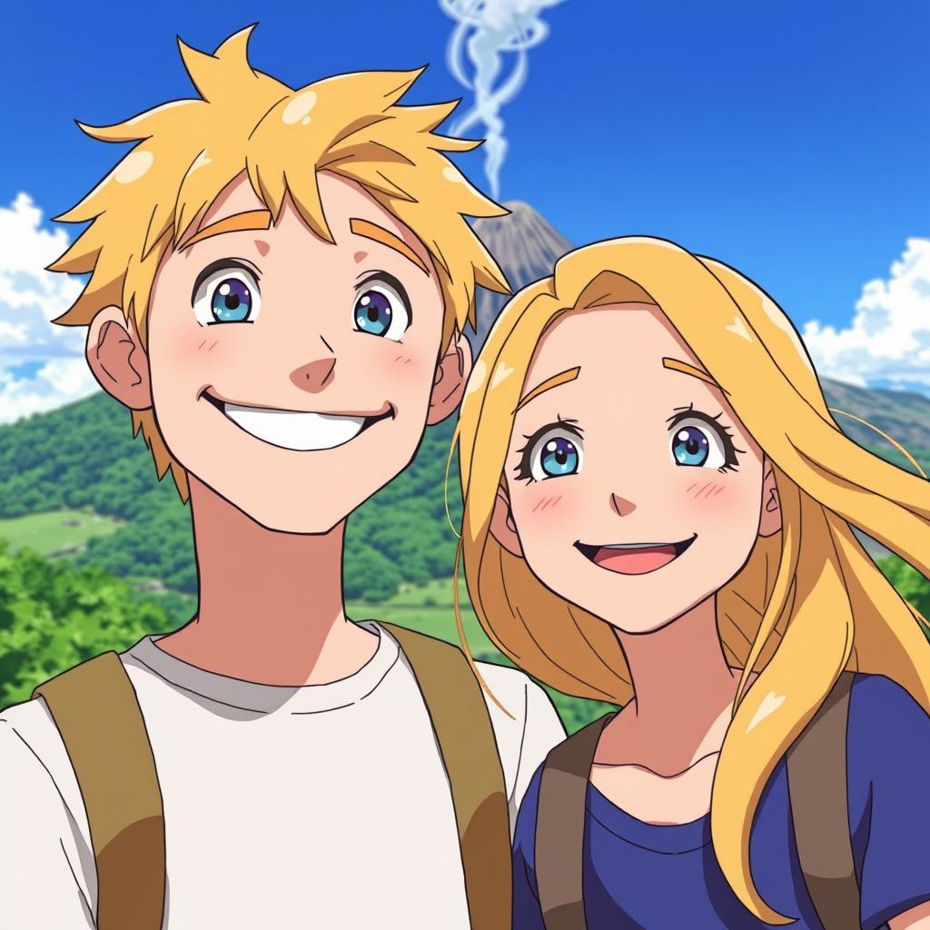 A cheerful man with striking blue eyes and golden blond hair, and a young woman with similar blue eyes and flowing blond hair, both smiling brightly together