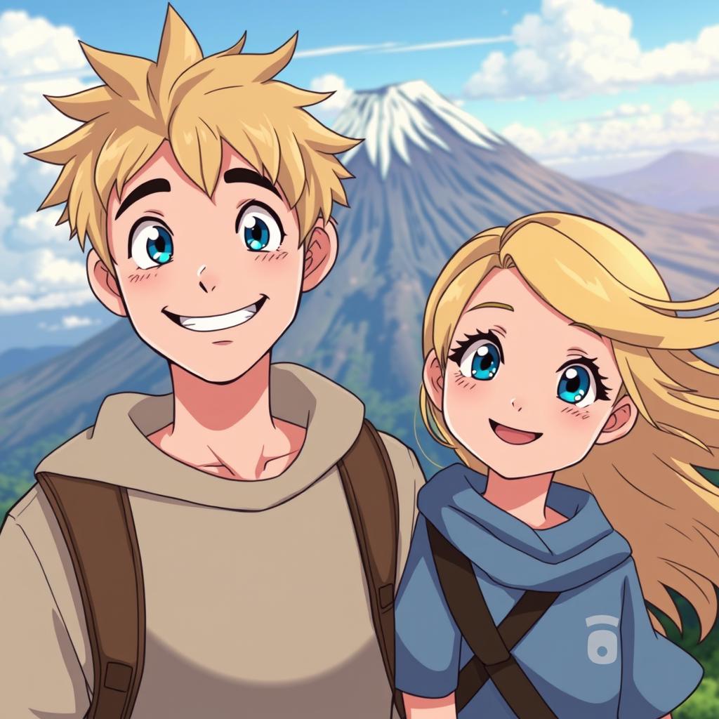 A cheerful man with bright blue eyes and tousled blond hair standing beside a girl with captivating blue eyes and flowing blond hair