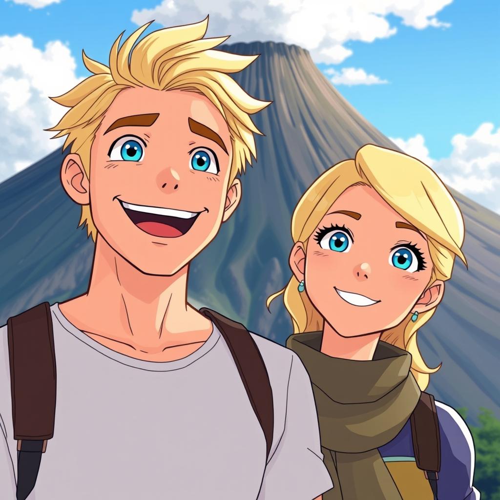 A joyful man with striking blue eyes and stylish blond hair standing next to a woman who has mesmerizing blue eyes and elegant blond hair