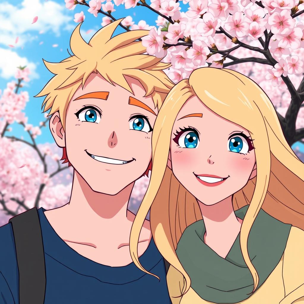 A man with vibrant blue eyes and tousled blond hair, alongside a woman with striking blue eyes and flowing blond hair