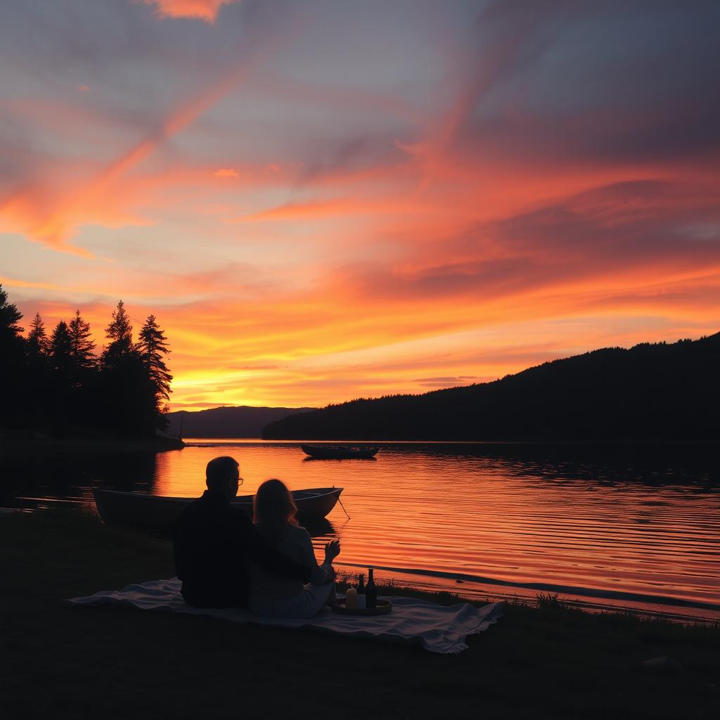 A tranquil sunset over a serene lake, the sky ablaze with hues of orange, pink, and purple reflecting on the water's surface