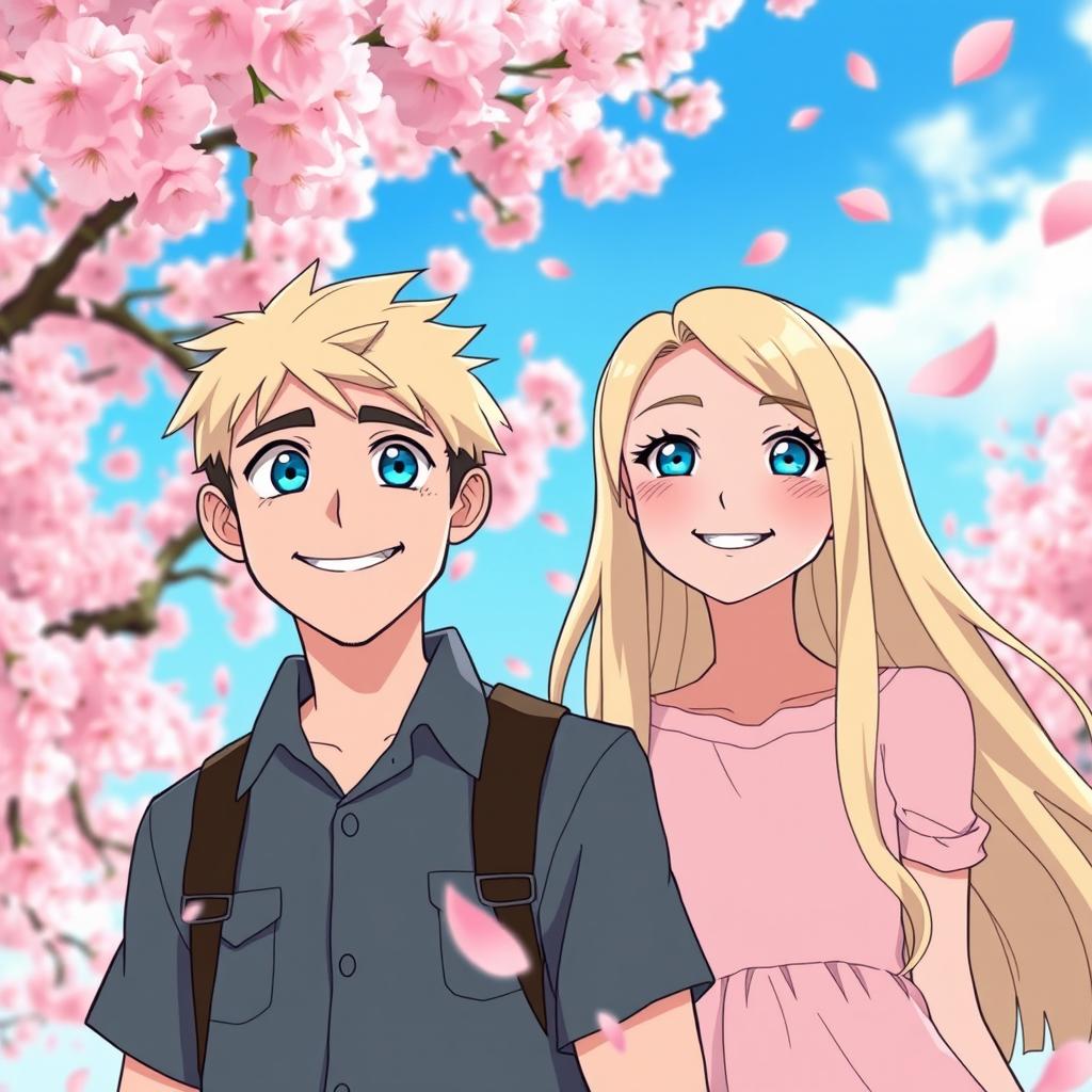 A man with bright blue eyes and blond hair, dressed casually, and a woman with matching blue eyes and long blond hair, wearing a flowing pastel dress, both smiling joyfully
