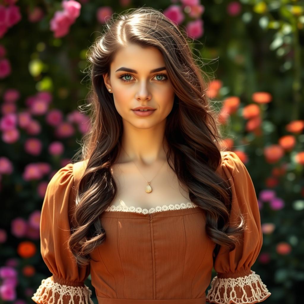 A 22-year-old woman with dark brown hair and blue eyes wearing a vintage brown dress
