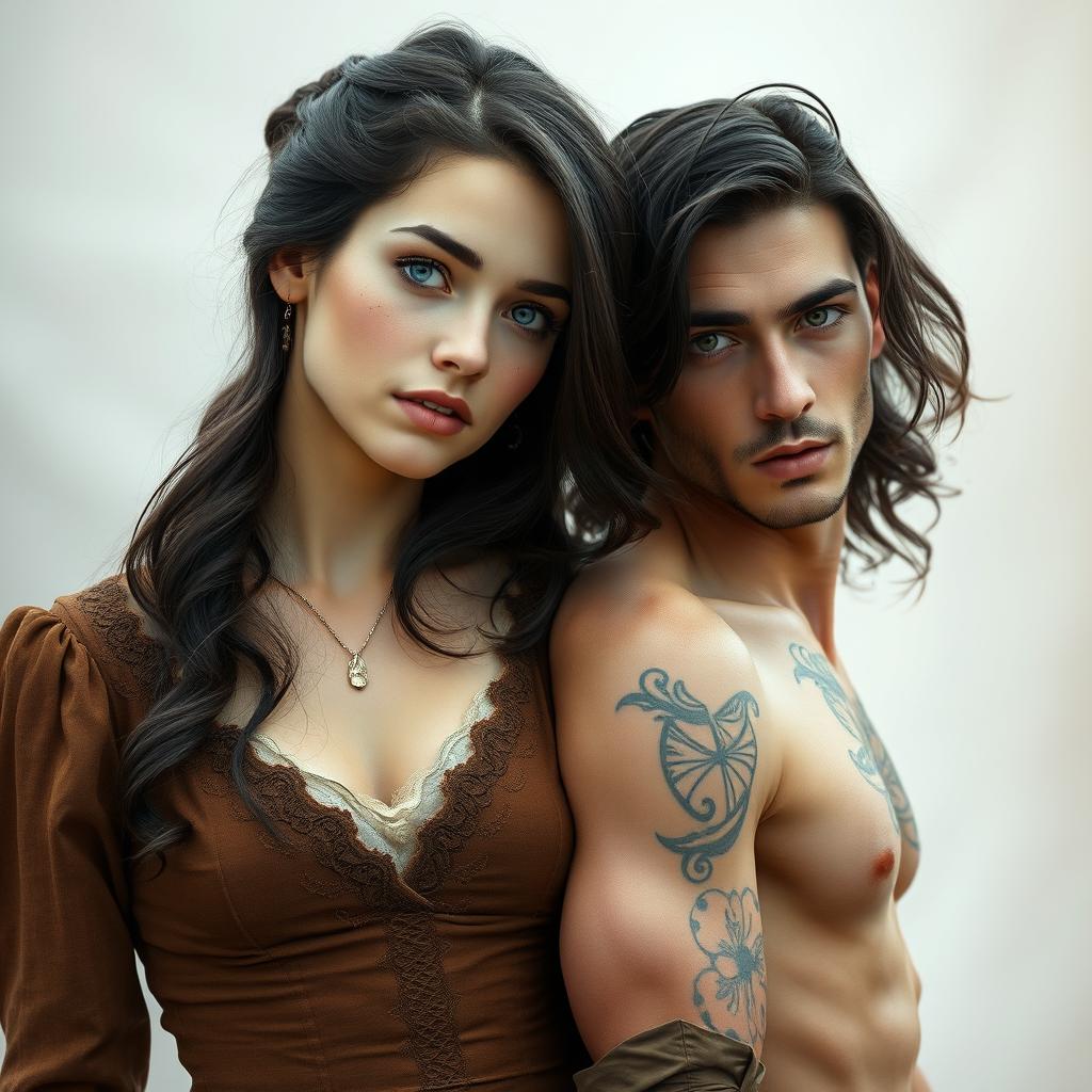 A 22-year-old woman with dark brown hair and blue eyes, wearing a vintage brown dress, standing next to a handsome man with black hair and green eyes
