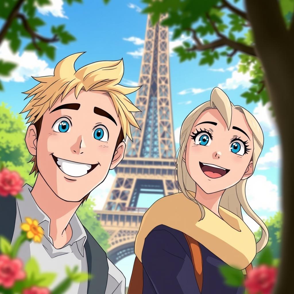 A cheerful scene depicting a man with blond hair and blue eyes, alongside a woman with blue eyes and blond hair, both smiling joyfully
