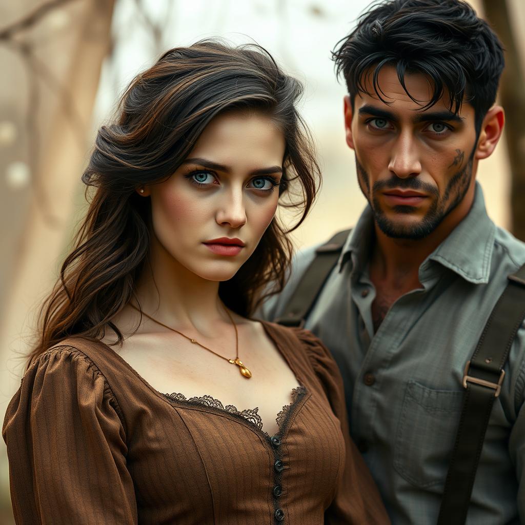 A 22-year-old woman with dark brown hair and blue eyes, dressed in a vintage brown dress, standing next to a handsome man with black hair and striking green eyes