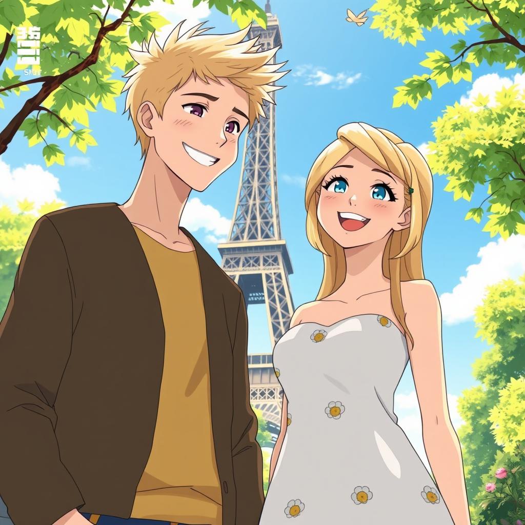 A joyful scene featuring a man with blond hair and blue eyes standing beside a woman with blue eyes and blond hair
